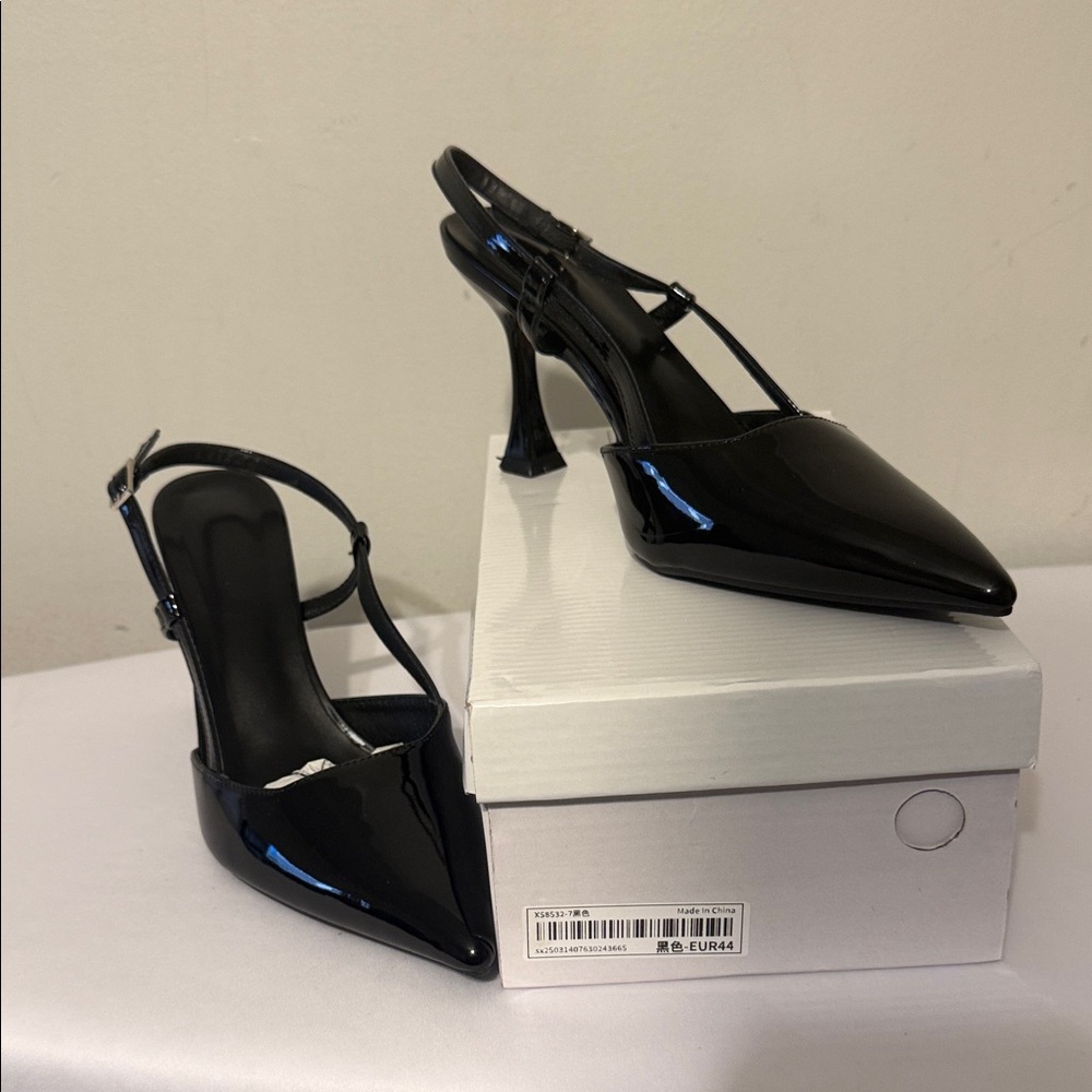 Black Patent Pointed-Toe Slingback Heels